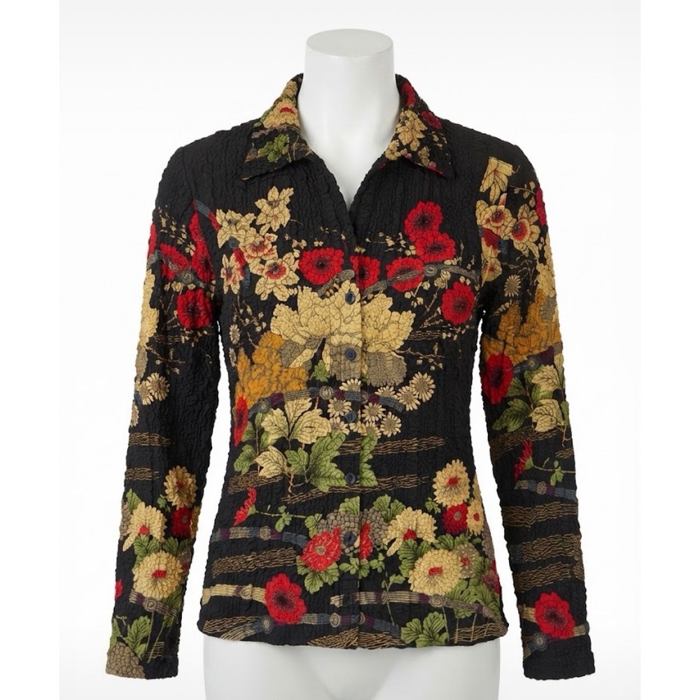UBU Crinkle Bubble Texture Floral Button Jacket Black Red Gold XL Art to Wear